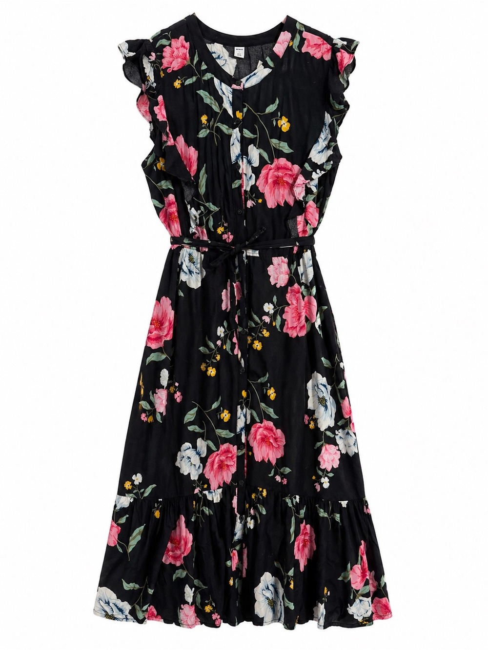 Old Navy Floral Midi Shirt Dress Ruffle Trim Tie Waist Large L Black